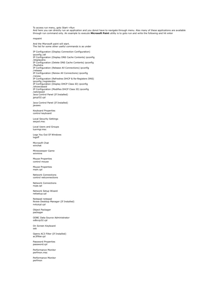 Essential Windows Run Commands Guide | PDF | Information Technology ...