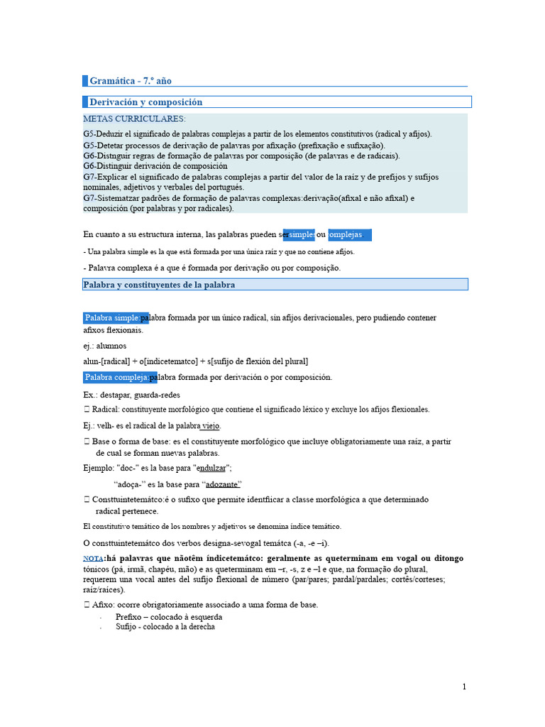 Gramática: Derivación y Composición 7.º Año | PDF | Numero Gramatical ...
