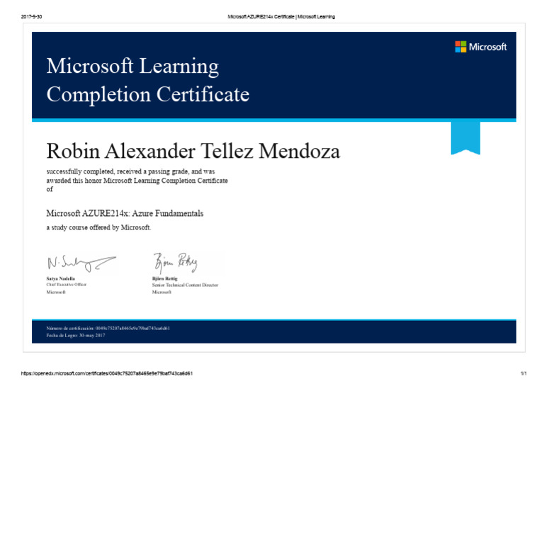 Microsoft AZURE214x Completion Certificate | PDF