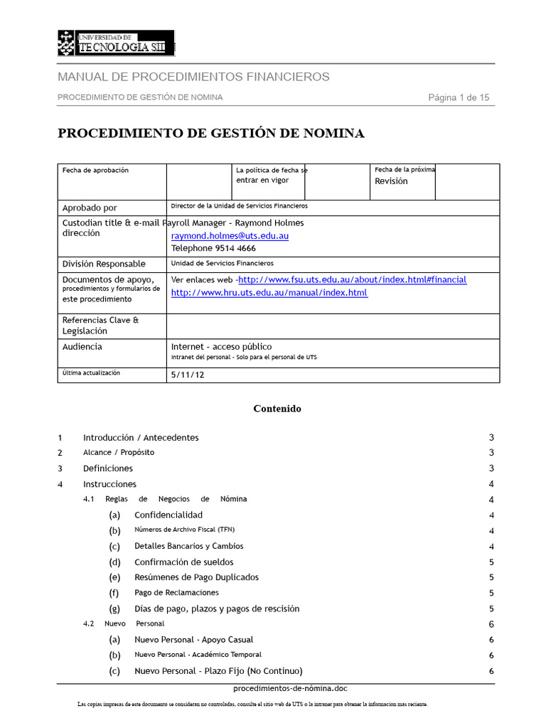 Procedimiento de Gestión de Nómina UTS | PDF | Salario | Gestión de ...