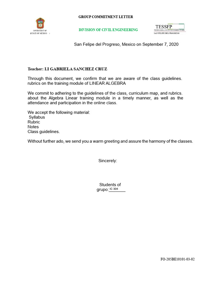 Group Commitment Letter | PDF