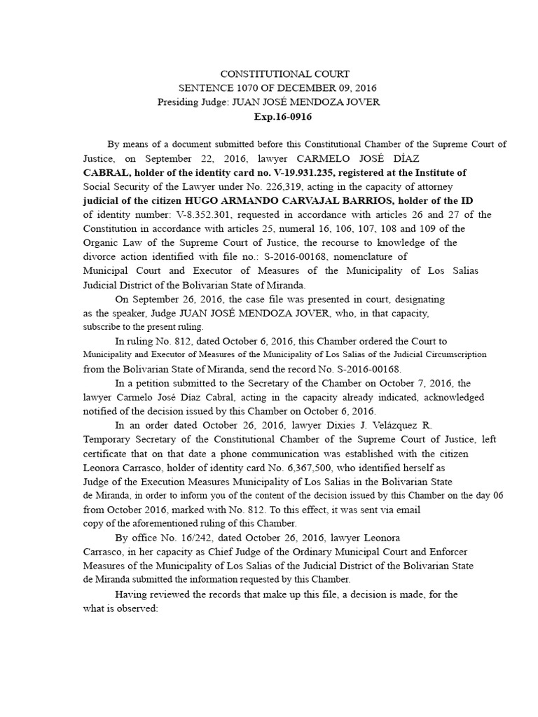 Constitutional Chamber Sentence 1070 | PDF | Divorce | Marriage