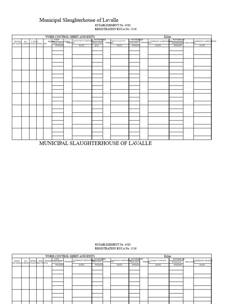 Lavalle Municipal Slaughterhouse Control Sheet | PDF | Meat | Food Industry