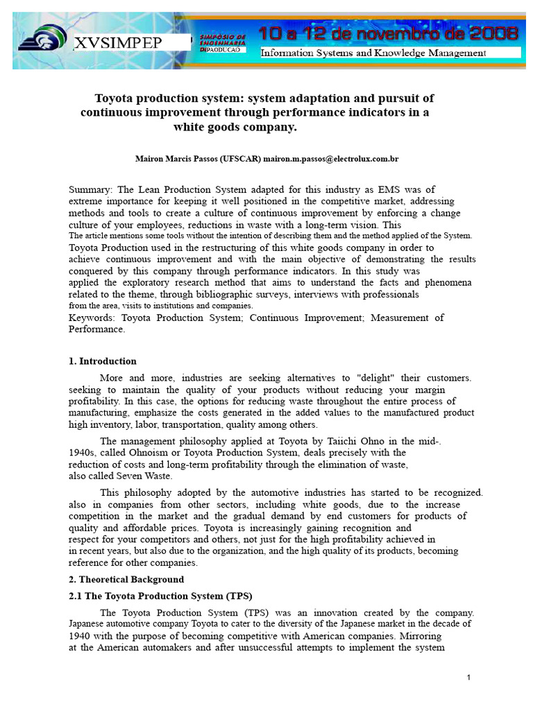 Toyota Production System in White Goods | PDF | Performance Indicator ...