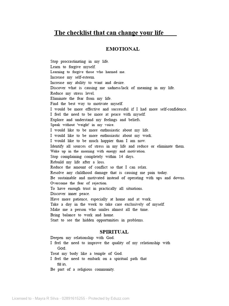 Life-Changing Personal Development Checklist | PDF | Self Esteem | Fear