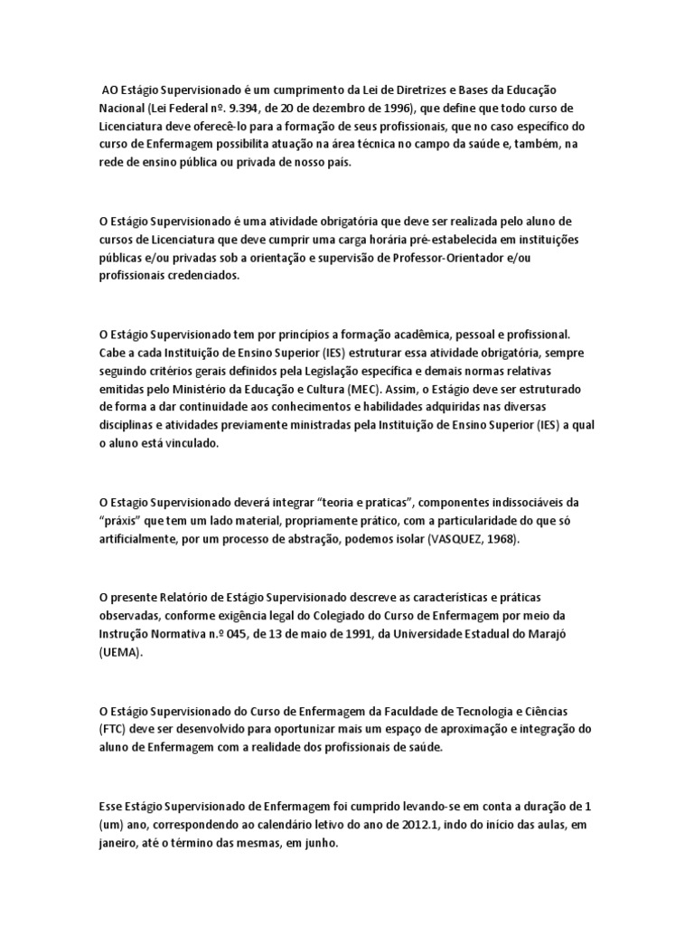 RELATORIO ESTAGIO SUPERVISIONADO Enfermagem Ensino Superior