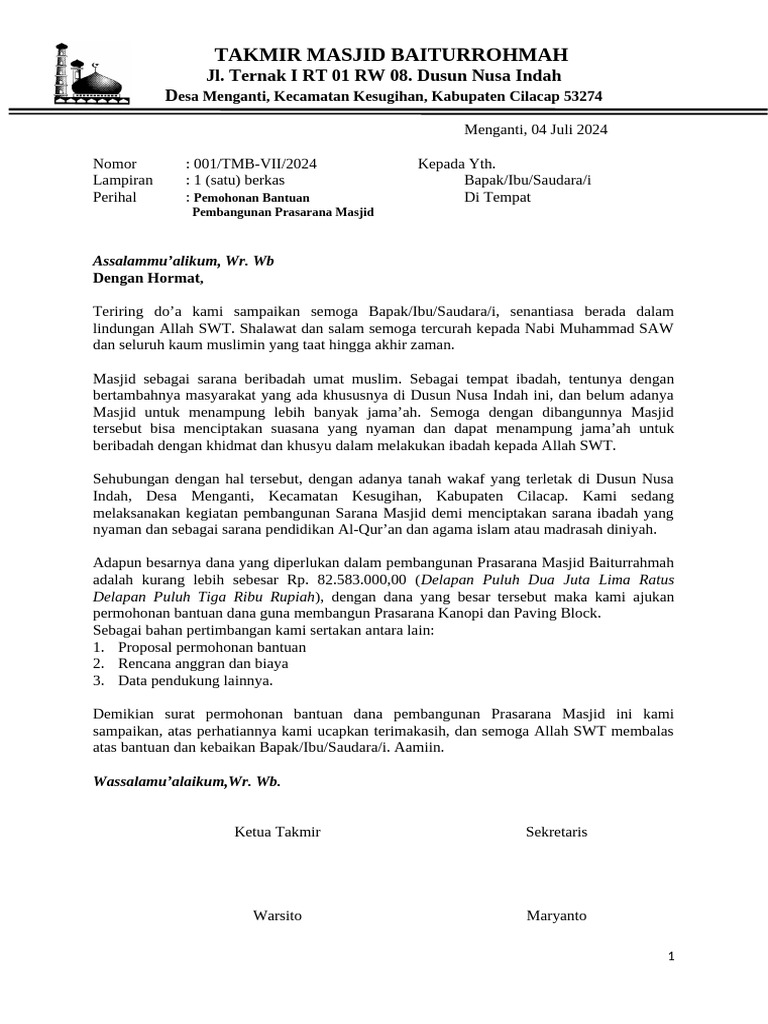 Permohonan Dana Pembangunan Masjid | PDF