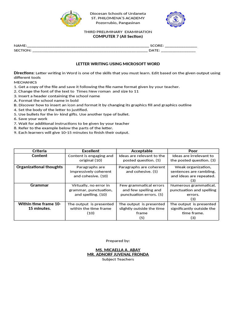 Computer 7 Letter Writing Exam Guide | PDF | Human Communication