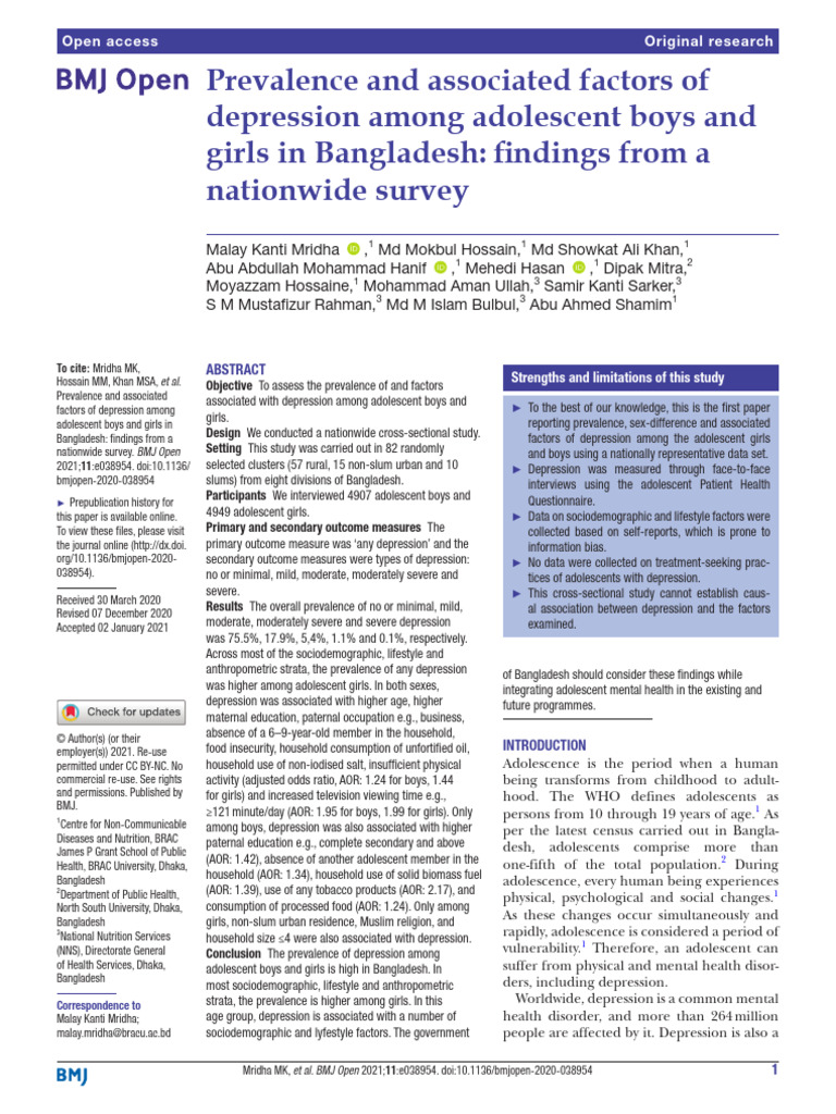 Prevalence and Associated Factors of Depression Among Adolescent Boys ...