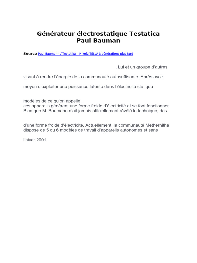 Générateur Testatika de Paul Baumann | PDF | Générateur électrique ...