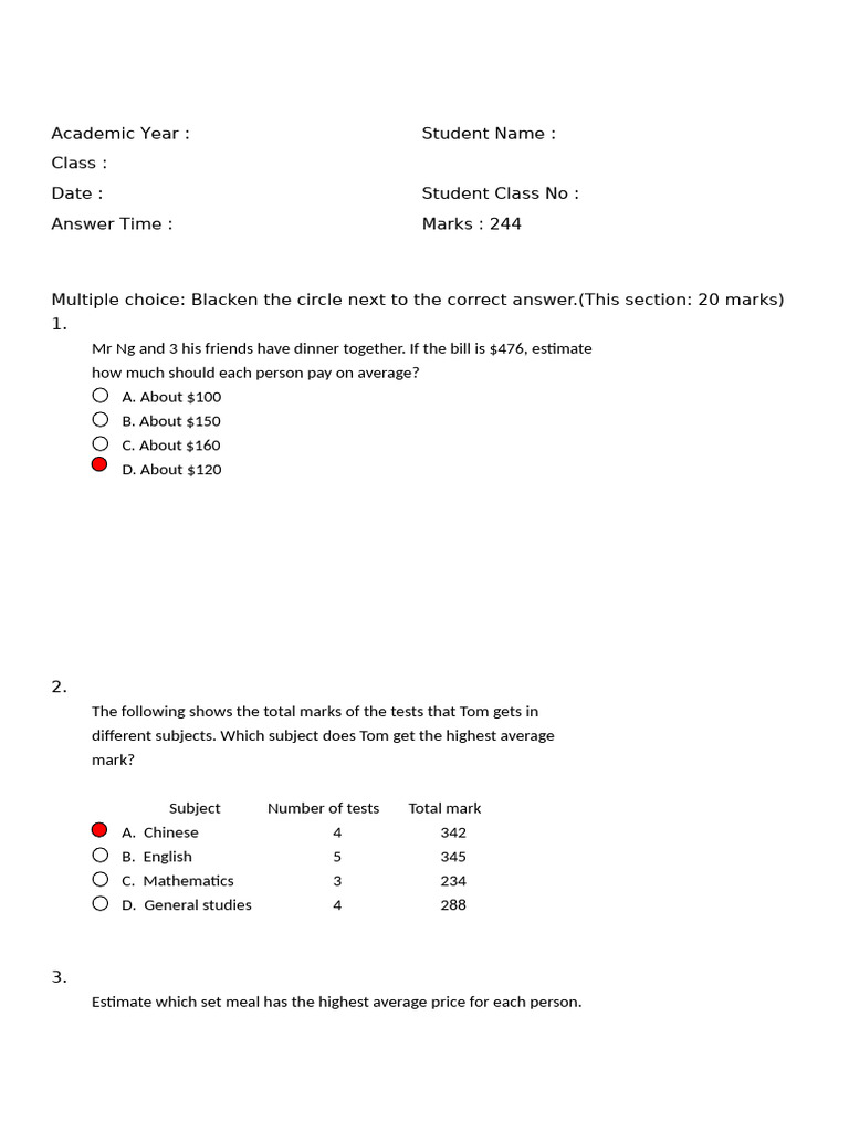 Average Calculation Practice Questions | PDF | Foods | Cuisine
