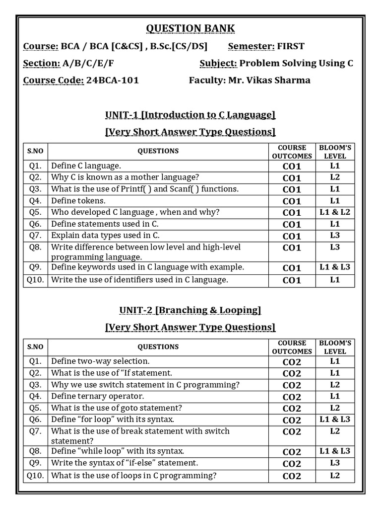 C Programming Question Bank for BCA | PDF | Pointer (Computer ...