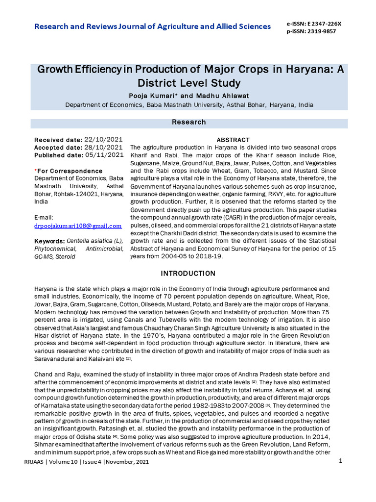 Growth Efficiency in Production of Major Crops | PDF | Agriculture ...