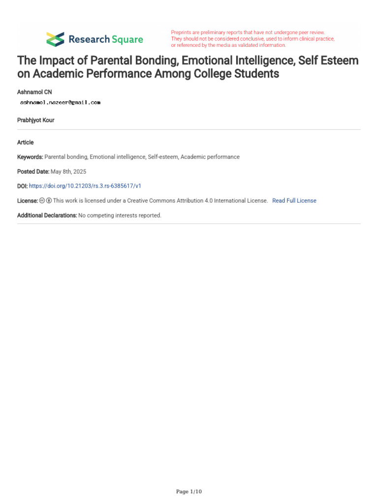 Parental Bonding and Academic Success | PDF | Self Esteem | Emotional ...
