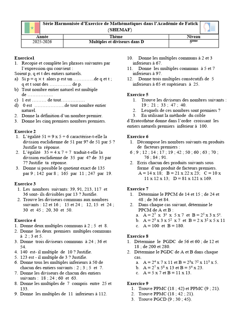 Exercices de Mathématiques : Multiples et Diviseurs | PDF | Nombre ...