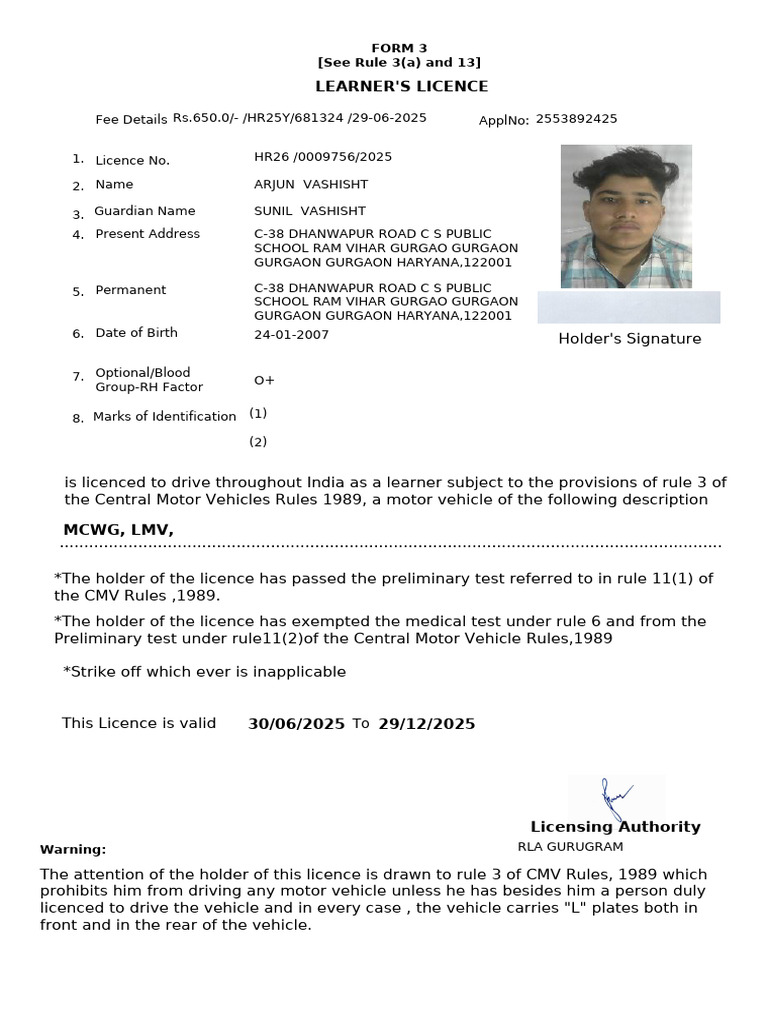 Learner's Licence Document Template | PDF