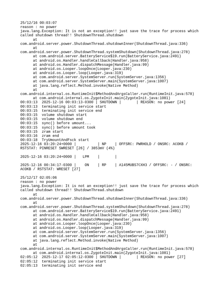 Android Shutdown Log: No Power Events | PDF | Embedded Linux Distributions