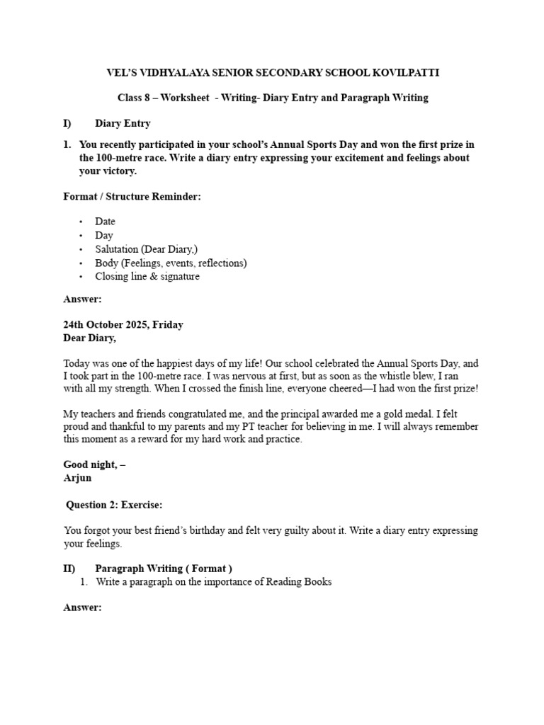 Diary Entry and Paragraph Writing Format 8th W. S | PDF