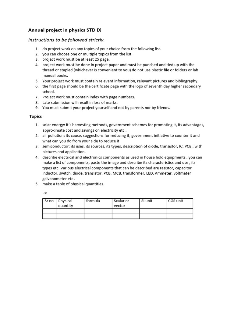 Physics Project Guidelines for IX STD | PDF