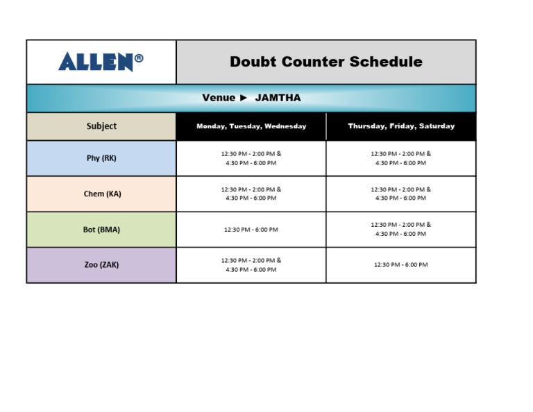 Doubt Counter Schedule at Jamtha | PDF