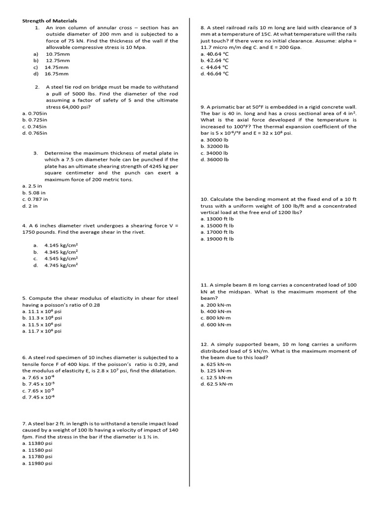 Strength of Materials Problem Set | PDF | Strength Of Materials | Young ...
