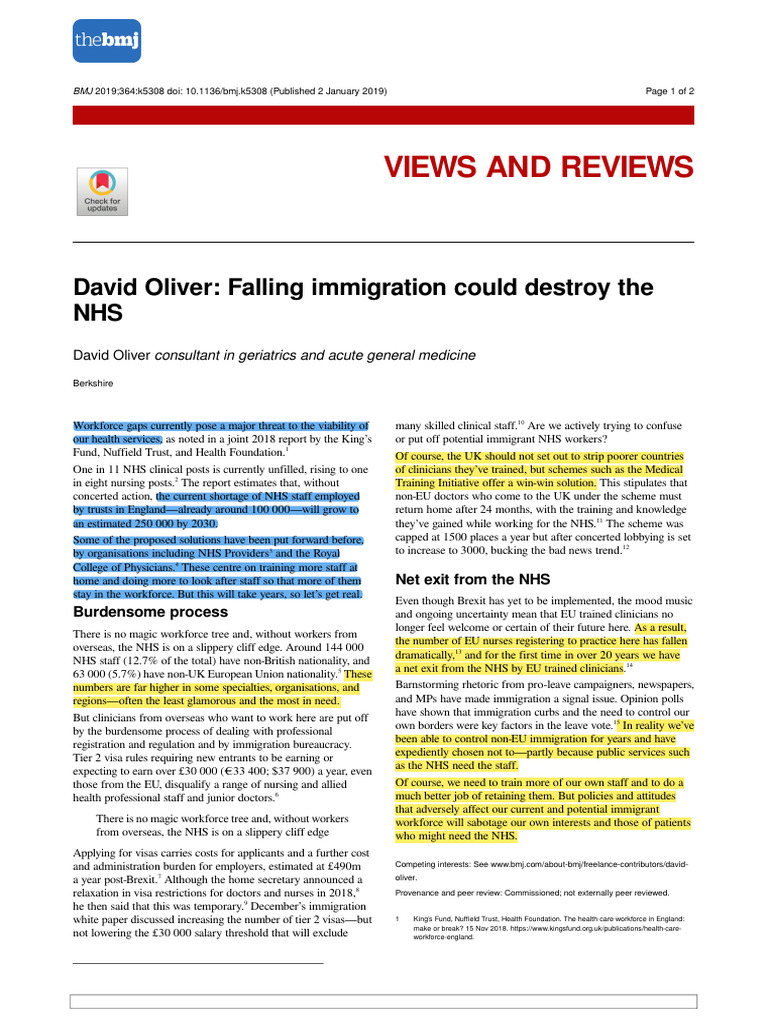05 David Oliver Falling Immigration Could Destroy the NHS | PDF ...