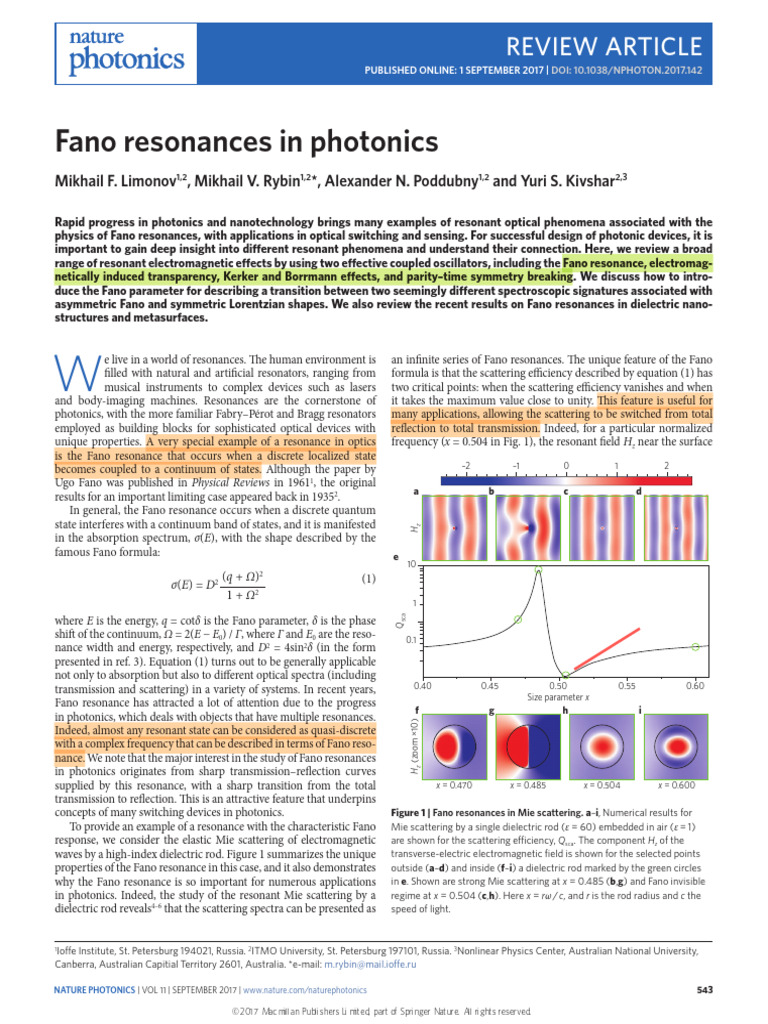 Fano Resonances in Photonics Review | PDF | Resonance | Scattering