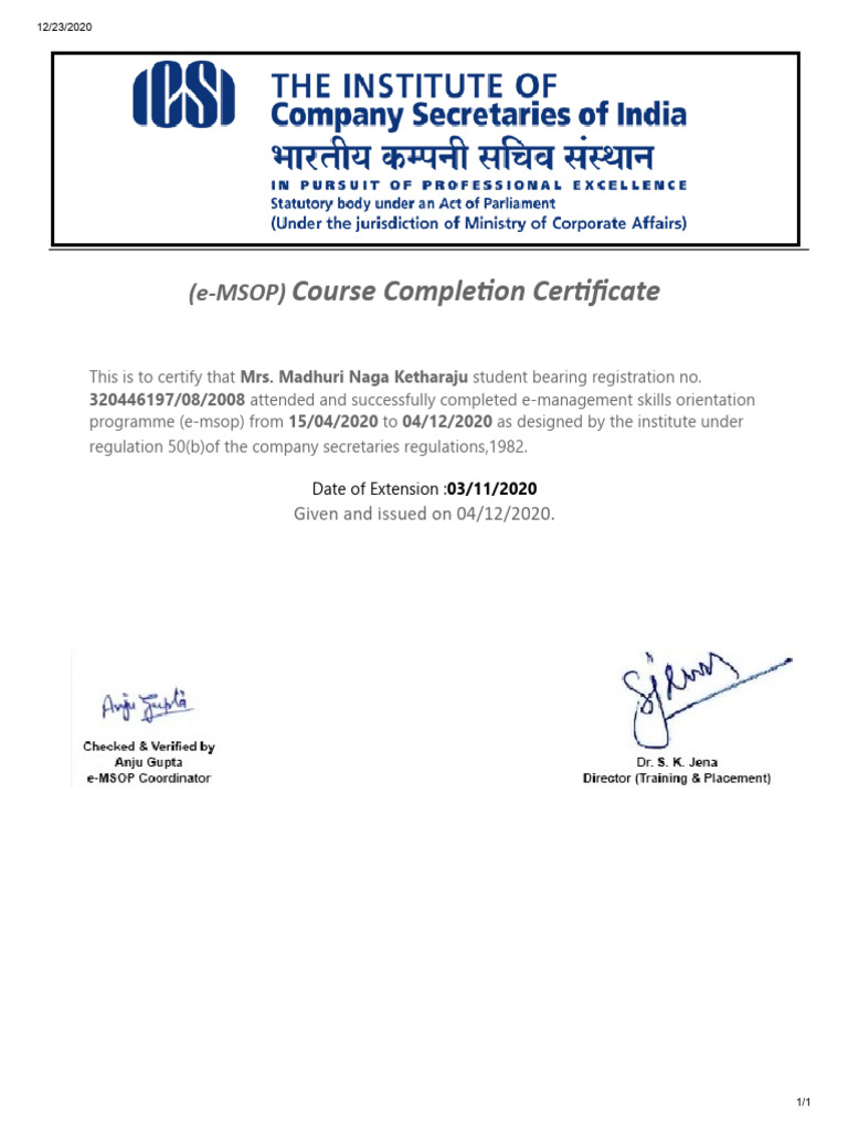 e-MSOP Course Completion Certificate | PDF
