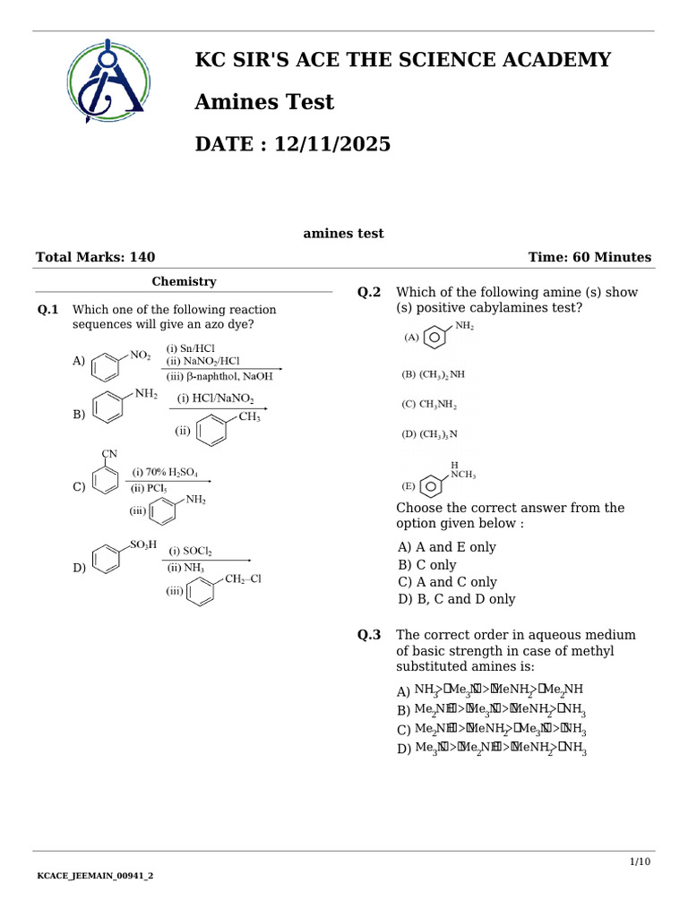 Amines Test Questions for Chemistry Exam | PDF | Amine | Organic Compounds
