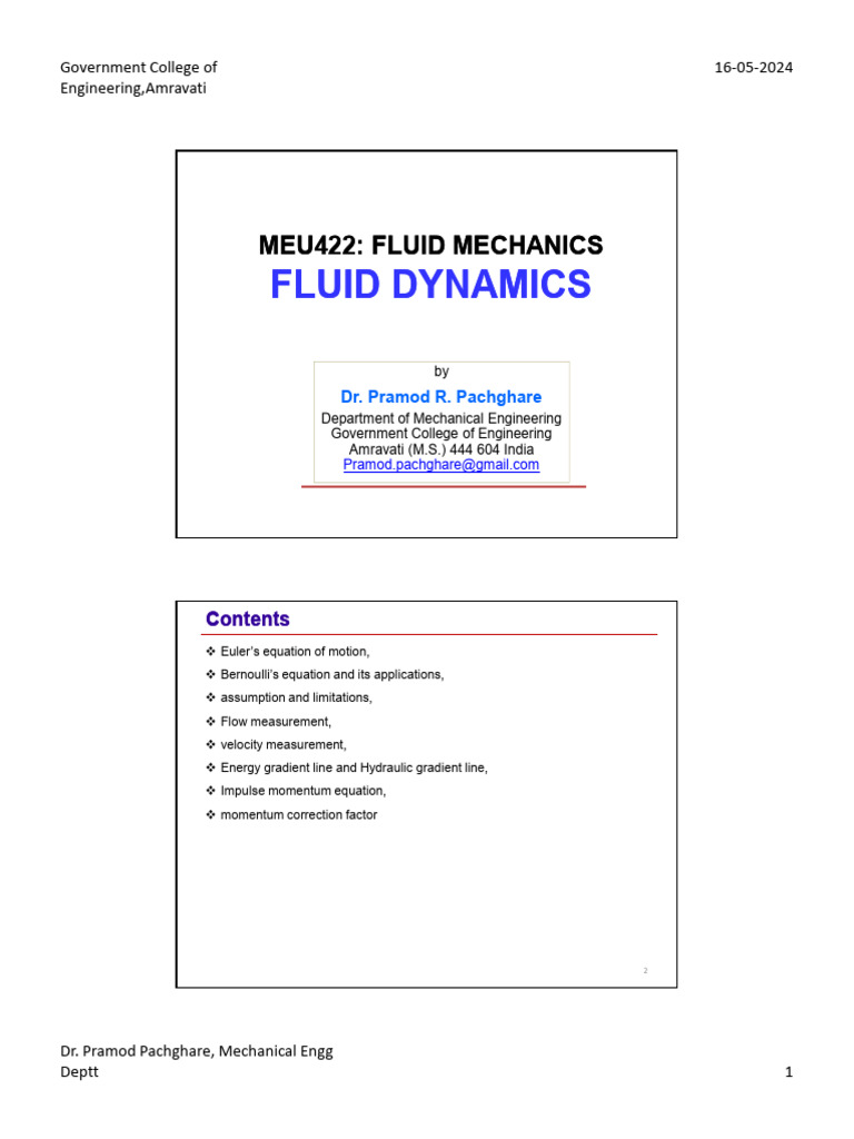 Fluid Mechanics: Euler & Bernoulli Equations | PDF | Fluid Dynamics ...