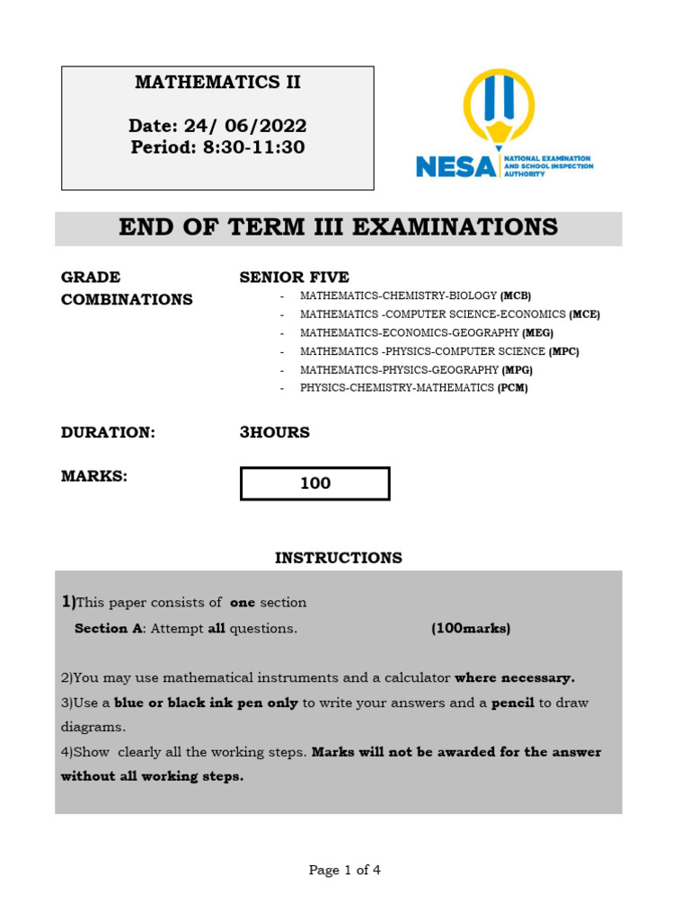 Senior Five Math Exam Paper 2022 | PDF | Mathematics | Mathematical ...