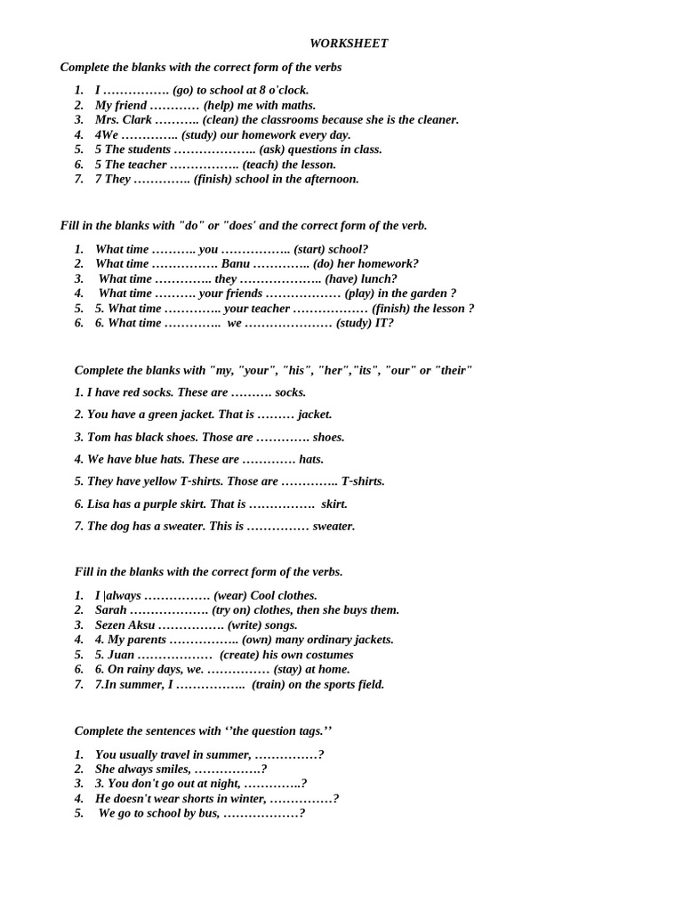 Verb Forms and Question Tags Worksheet | PDF
