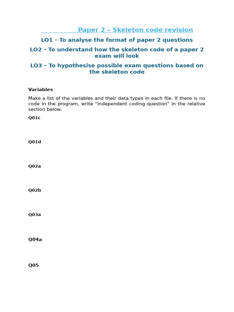 Paper 2 Exam Skeleton Code Analysis | PDF