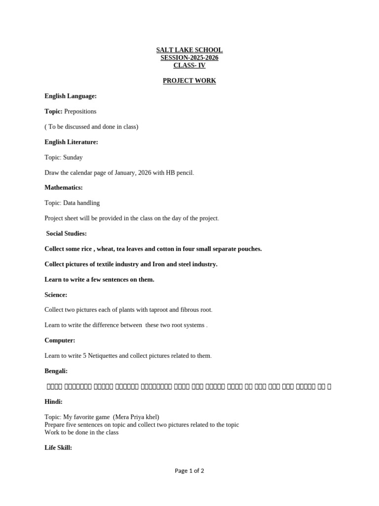 Class IV Project Work Guidelines 2025-26 | PDF
