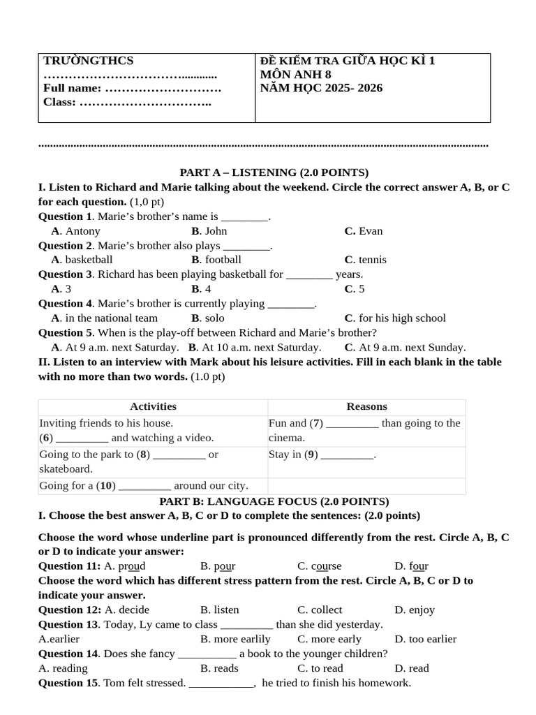 English Test for Grade 8 - Semester 1 | PDF