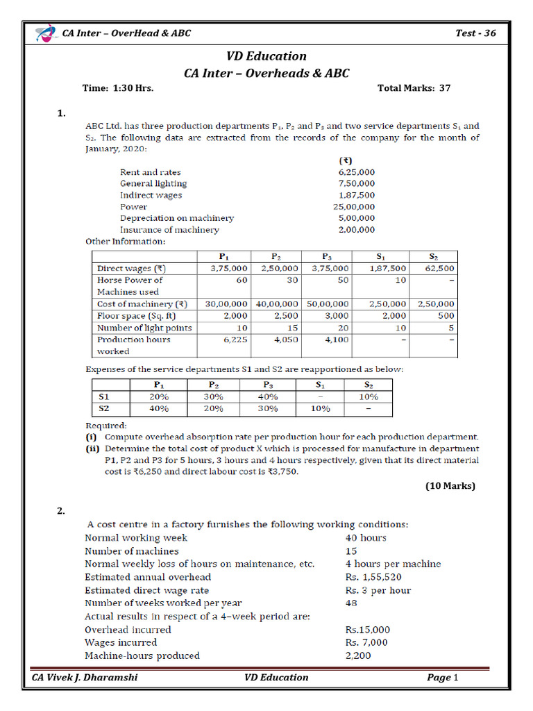 CA Inter Overheads & ABC Test 36 | PDF