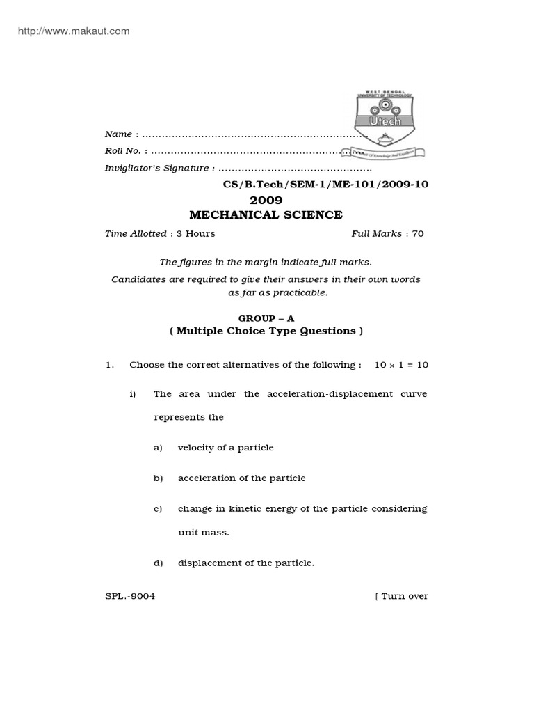 Btech 1 Sem Mechanical Science 2009 | PDF | Force | Momentum