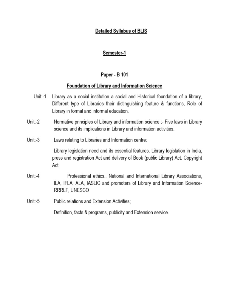 BLIS Syllabus: Library Science Courses | PDF | Libraries | Information