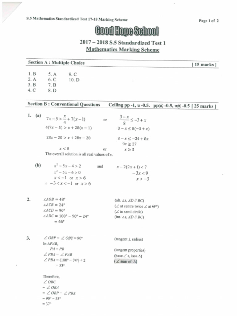 Standardized Test 1 17-18 Ans | PDF