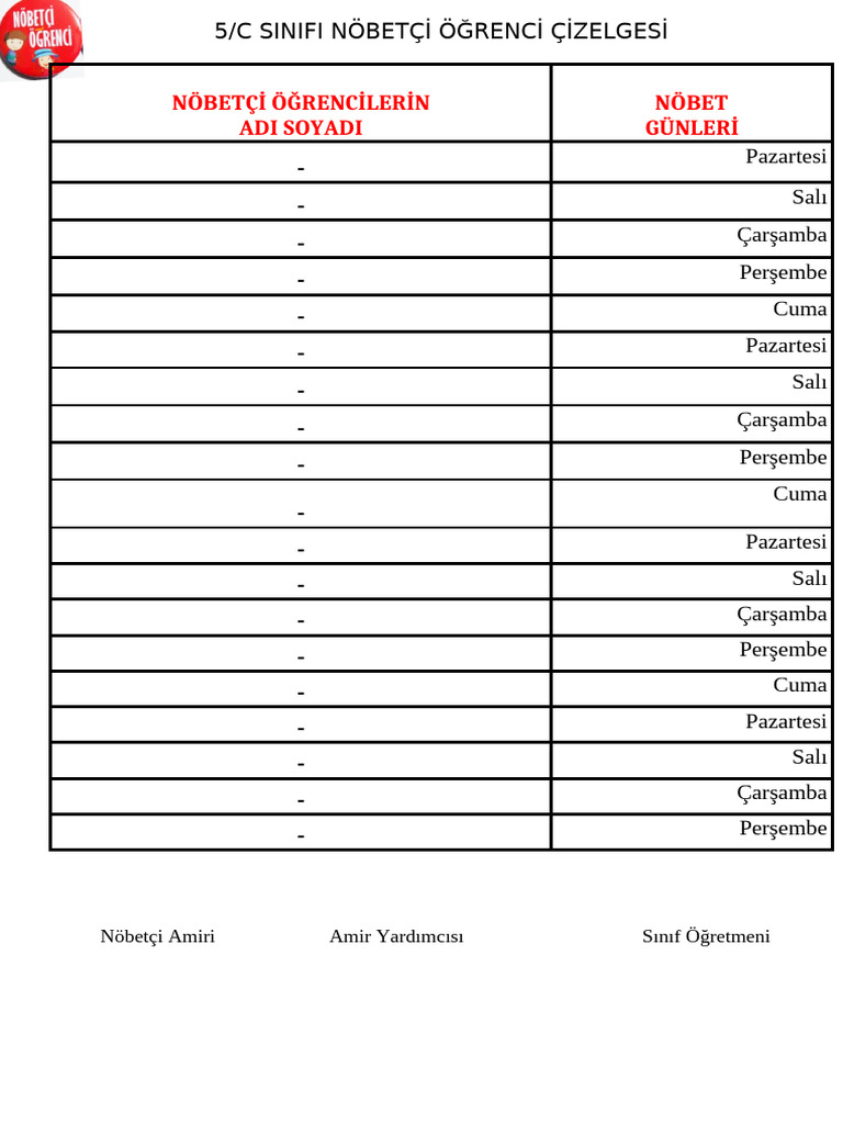 Ogrenci Nobet Listesi Sablonu | PDF