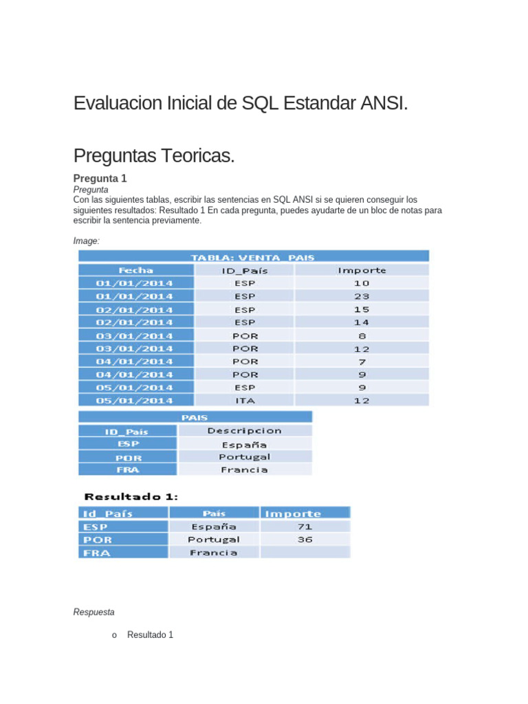 Evaluación de SQL ANSI: Preguntas y Respuestas | PDF | SQL ...
