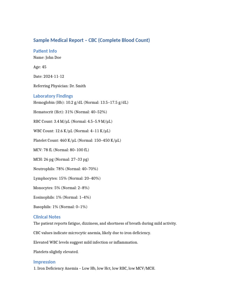 CBC Report: Iron Deficiency Anemia Analysis | PDF