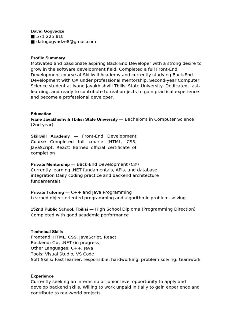 Aspiring Back-End Developer Profile | PDF