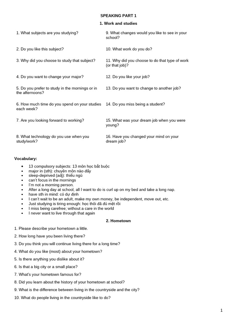 Speaking Part 1: Work, Hometown, and Life | PDF | Extraversion And ...