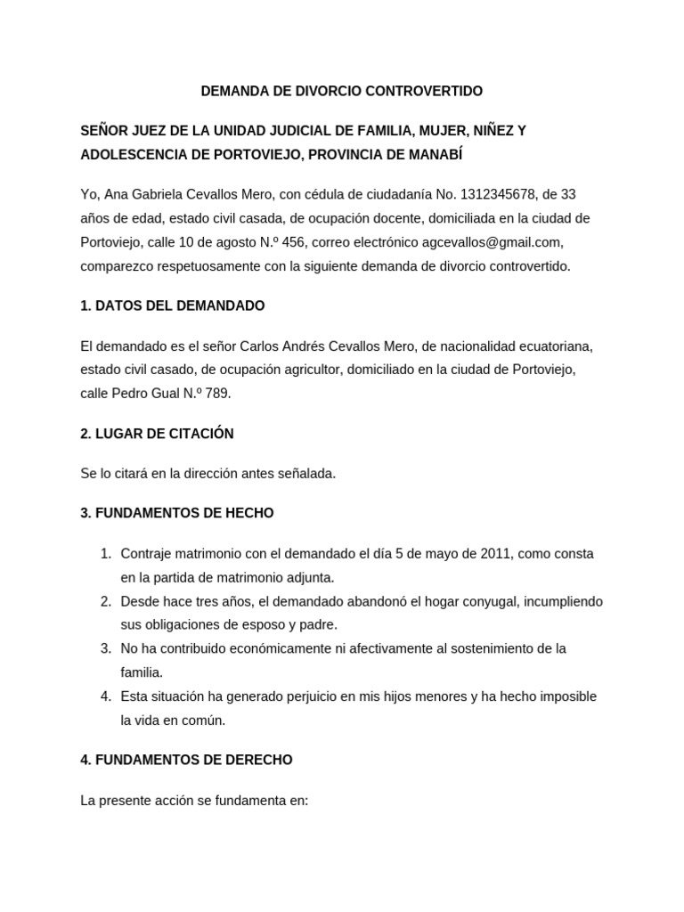 Demanda de Divorcio Controvertido en Ecuador | PDF | Divorcio | Pensión ...