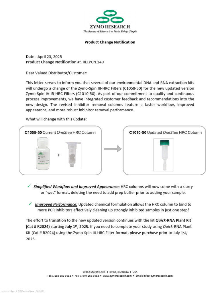 Zymo Research Product Change Notification | PDF | Life Sciences ...