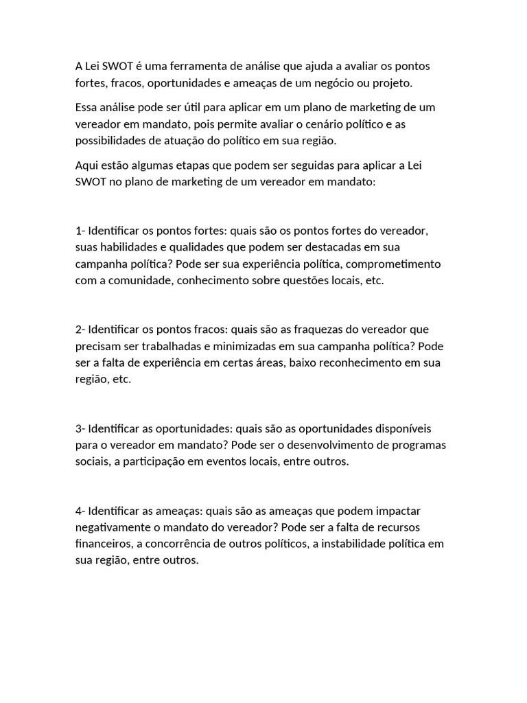 Análise SWOT para Marketing de Vereador | PDF | Análise SWOT