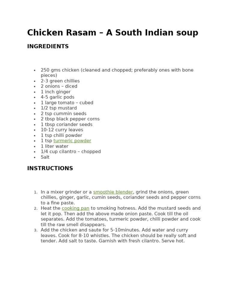 Chicken Rasam Recipe: South Indian Soup | PDF