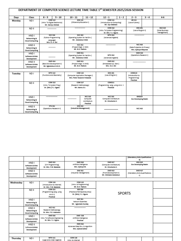 TIMETABLE First Semester 20252026 FT and EPT Computer Science | PDF ...