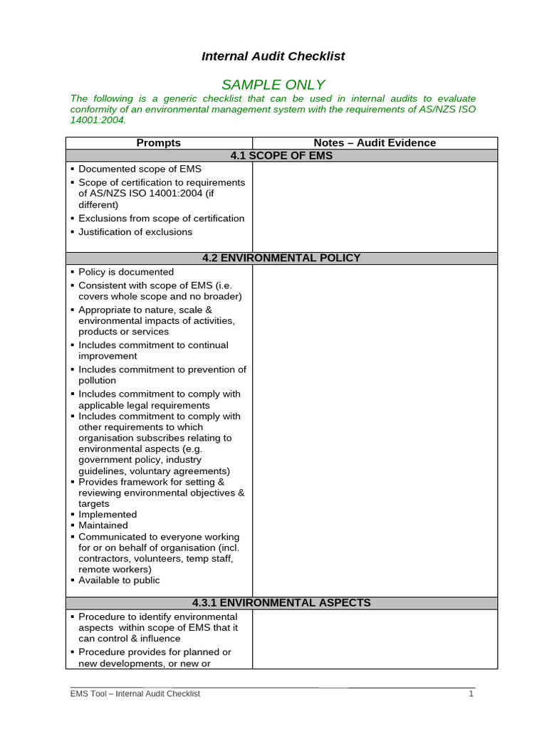 Internal Audit Checklist for ISO 14001 | PDF | Audit | Internal Audit